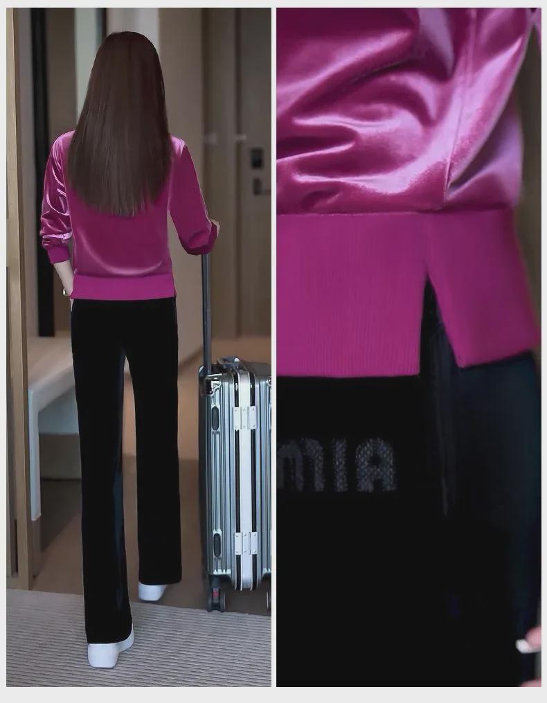 Women's Autumn Gold Velvet Two-Piece Suit: Loose-Fit Pullover & Slim Sport Pants