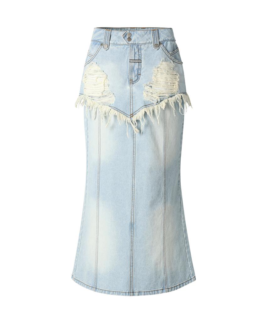 THEVINYLHOUSE Destroyed Double Denim Skirt Light Blue
