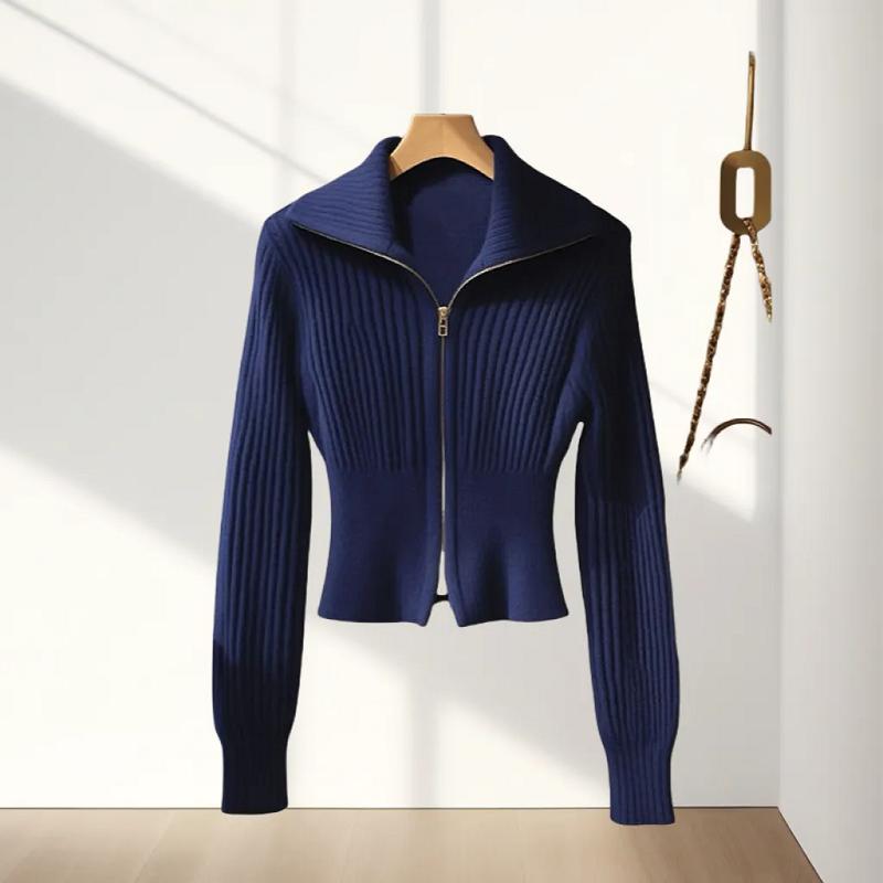 Fashion Zipper Knitted Cardigan Sweater Women Tops Autumn Winter High-End Long Sleeve Slim Knitwear Jacket Female