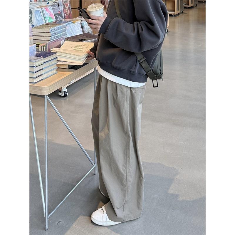 Solid Color Pleated Casual Pants Overalls New Spring and Autumn Men's and Women's Khaki Loose Long Pants Simple and Versatile