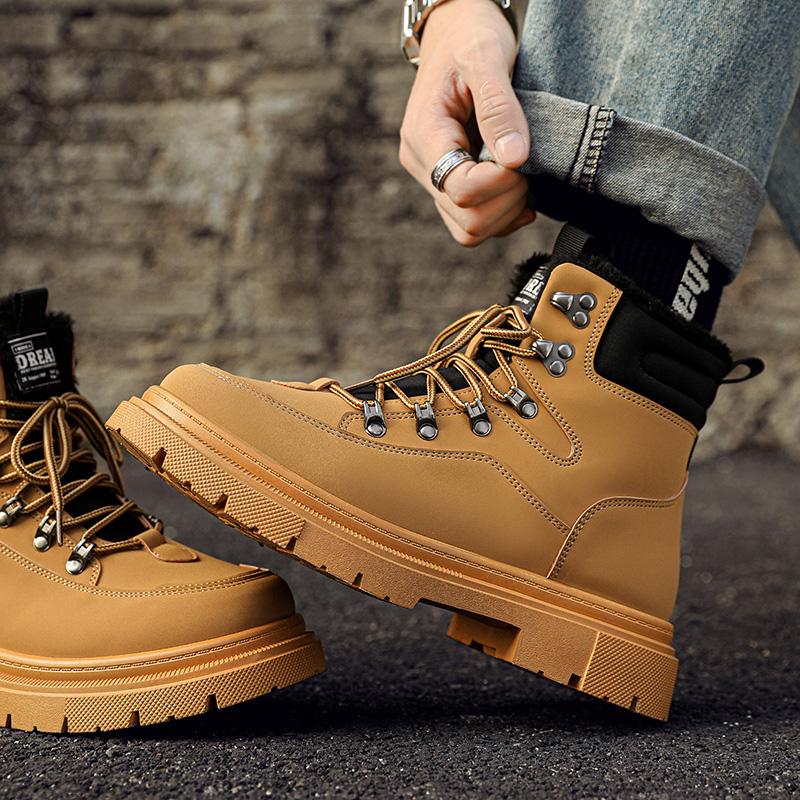 Men's Snow Boots Plush Warm Work Boots Waterproof Anti-slip Thick-soled Outsoor Hiking Shoes for Men High-top Climbing Walking