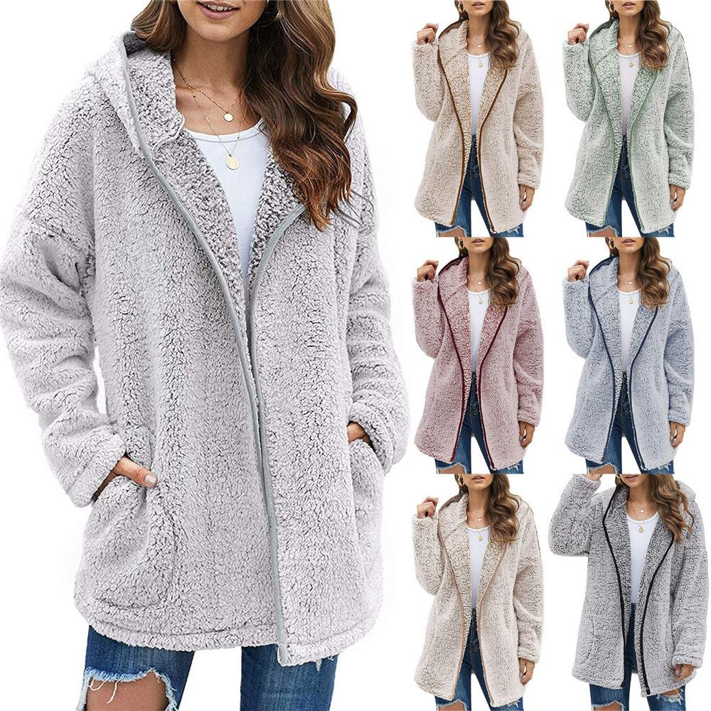 Autumn and Winter Casual Solid Colour Lapel Hooded Long-sleeved Women Plush Sweater Fleece Jacket