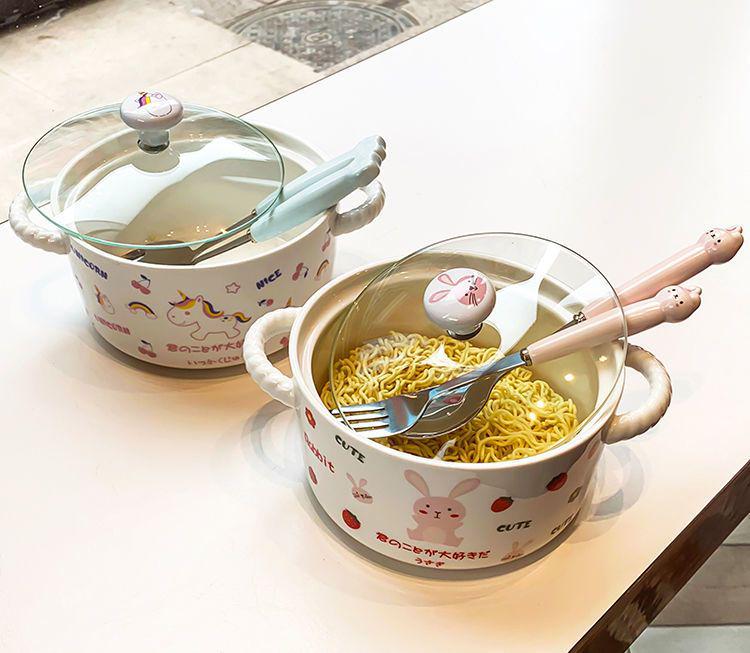 Korean Style Cute Heart Ceramic Noodle Bowl with Lid for Dorm or Bedroom Microwave Use