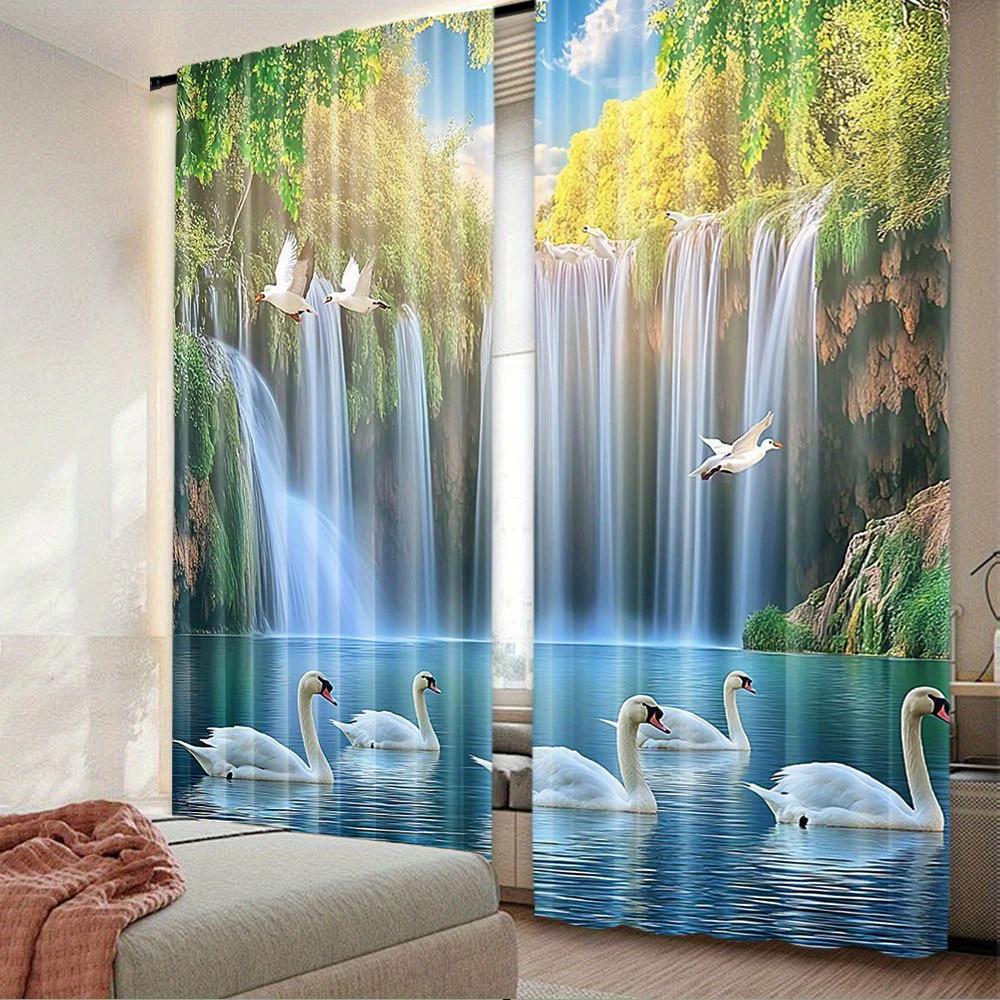 2pcs- Autumn natural forest landscape printed curtains, pole bag curtains, home decoration, room decoration