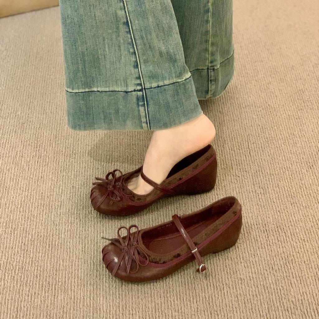 Silver bow round head ballet shoes women's 2025 spring and autumn new bow single shoes inner height increase Mary Jane shoes