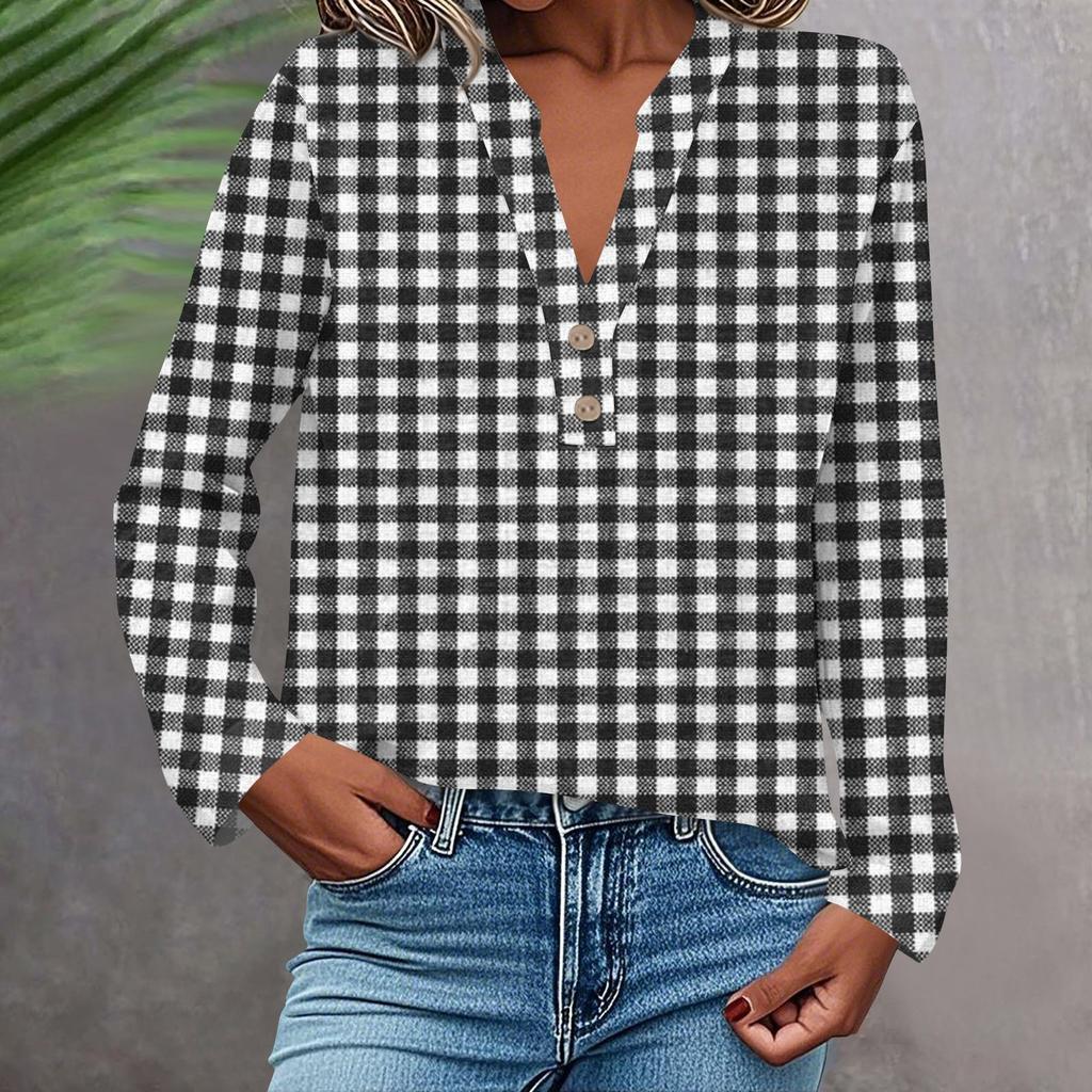 Women's Fashionable And Casual Shirt Long Sleeve V-neck Button Printed Blouse Top