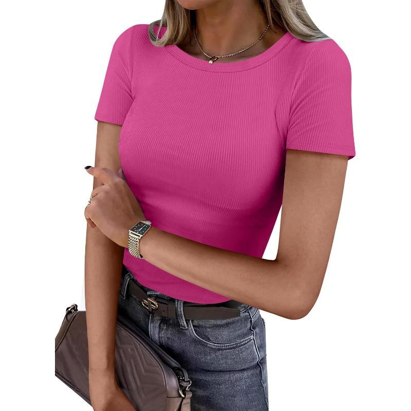 Women European Casual Slim Fit Ribbed Crew Neck Short Sleeve T Shirt