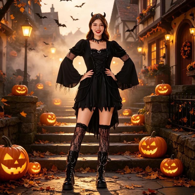 Gothic Witch Costume Women Halloween Party Dress With Hat Accessories Stage Performance Outfit