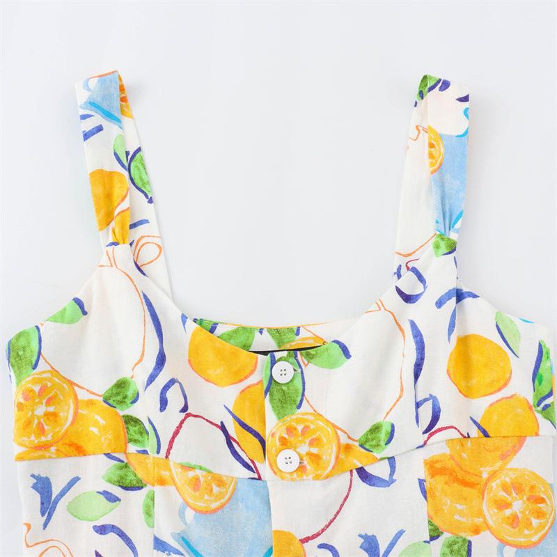 TAOP&ZA Summer Women's Linen Print Slim Midi Slip Dress