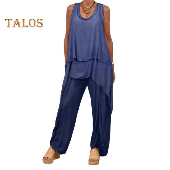 Two Piece Outfits for Women Casual Sleeveless Irregular Top Wide Leg Pants Set Loose Lounge Suit for Summer