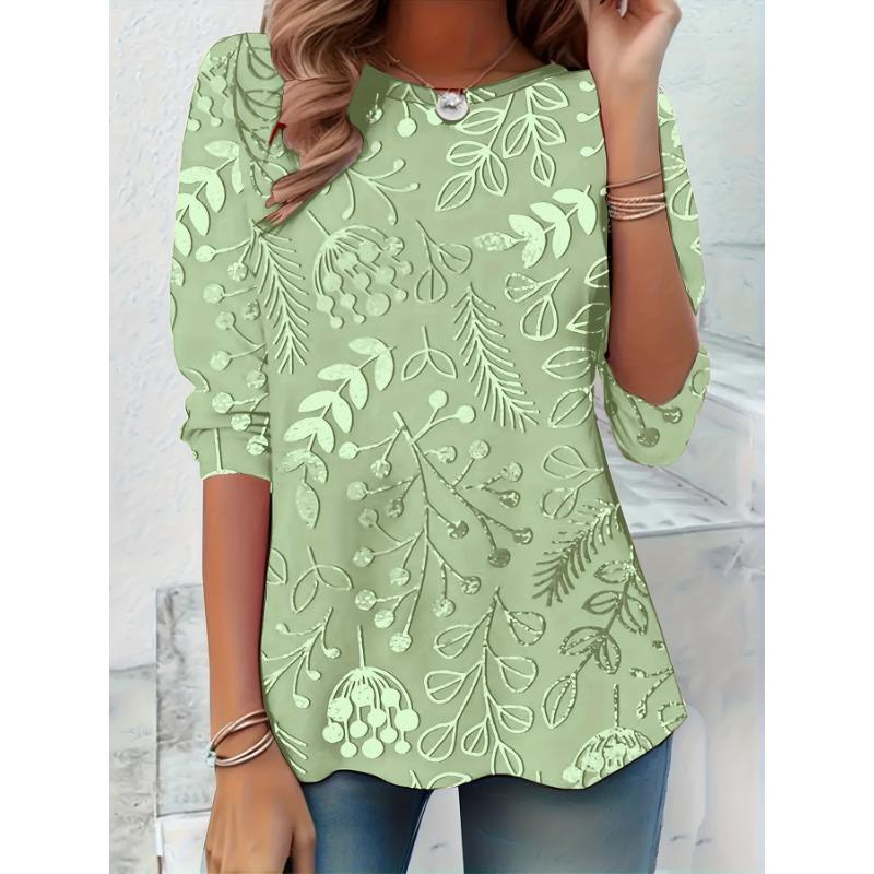 Printed Long Sleeved T-shirt Casual Round Neck Top