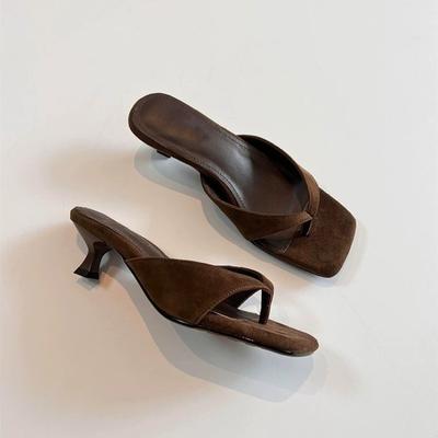 Versione in pelle di pecora~ Sandali infradito semplici francesi con tacco sottile e punta quadrata per donna da indossare in estate, ciabatte fresche per la spiaggia