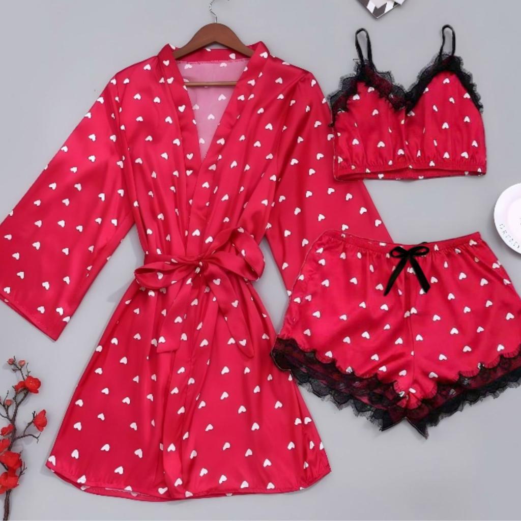 2026 new summer sexy pajamas satin three-piece loungewear love print women