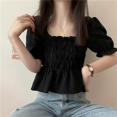 Summer New Korean Version Design Sense Niche Bubble Sleeves Waist Square Collar Short T-shirt Women