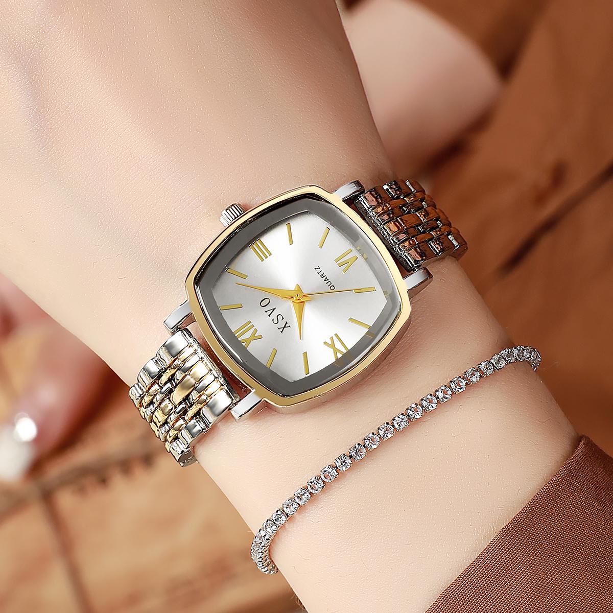 

No gift box XSVO genuine small square sugar wrist watch simple student style steel strap quartz watch with diamond bracelet разноцветный