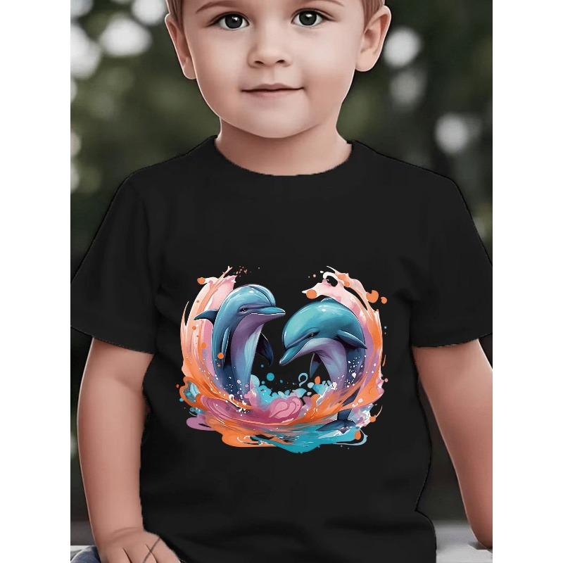 European Sizes Kids' Short Sleeve Summer New Cute Dolphin Print Fashion Versatile Kids Casual T-Shirt