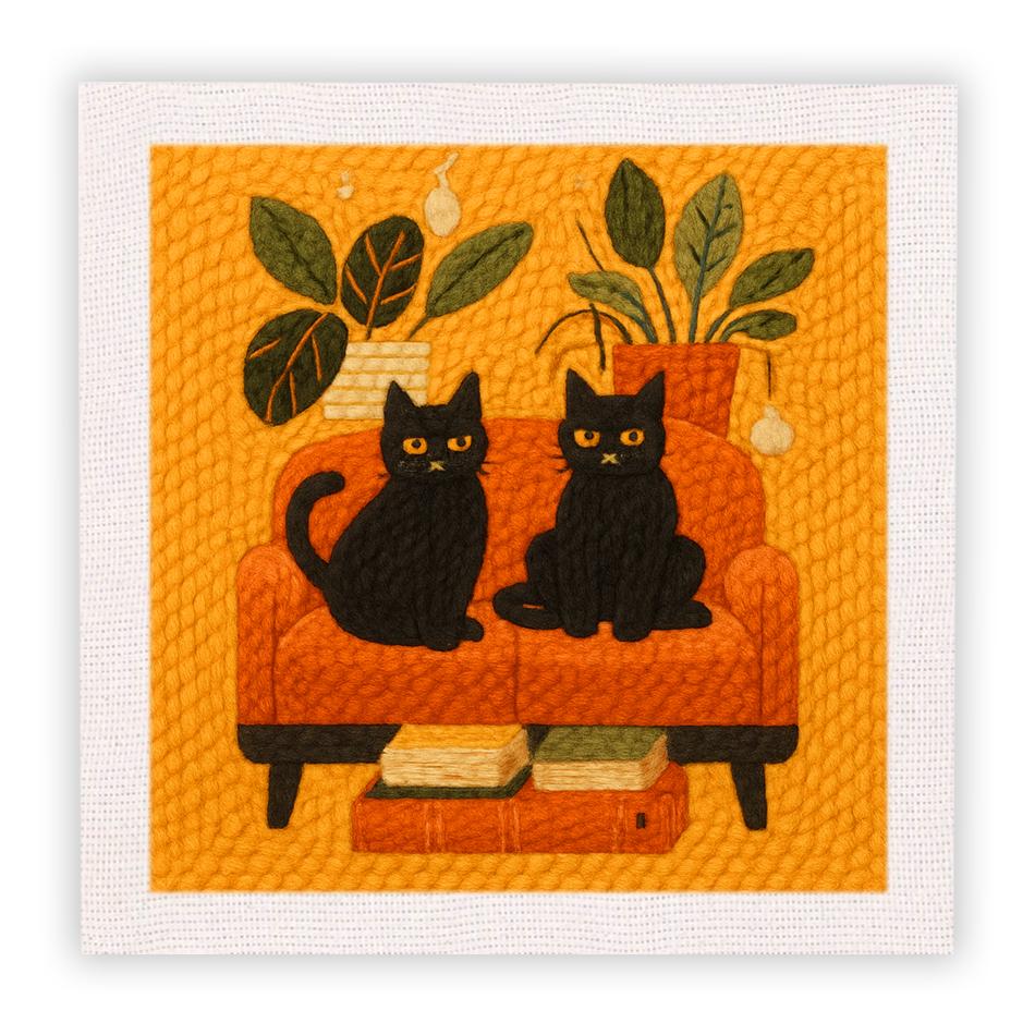 

Punch Neddle Kit Black Cat Bat Embroidery Needle Kit with Frame Handcraft Sewing Set Diy Craft Gift for Halloween 25x25cm New
