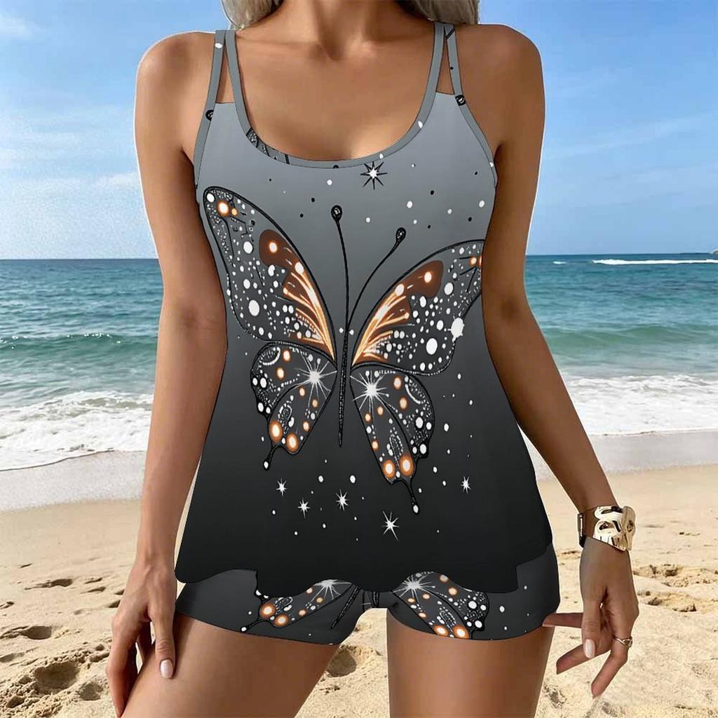 Women's Swimwear Tankini 2 Piece Swimsuit Butterfly Flowers  Pattern Vacation Bathing Suits