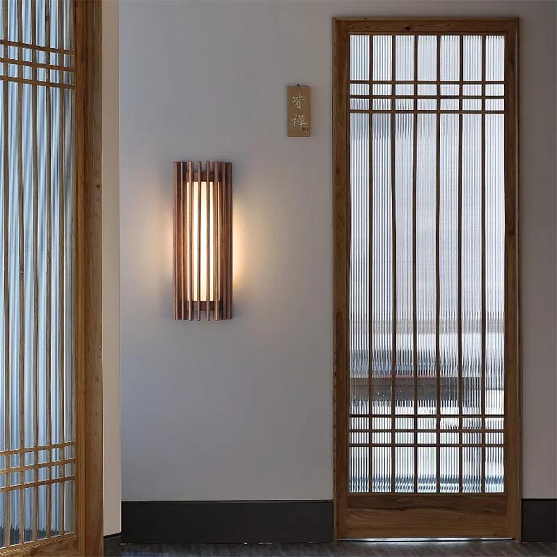 Vintage Walnut Solid Wood Grid Wall Lamp Wabi-sabi style Wall Sconce lights for Bedroom Bedside Living Dining Room