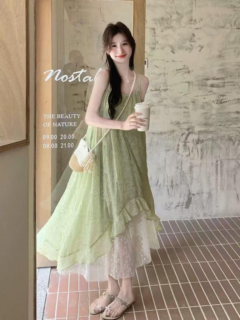 Stunning 2025 Summer French Niche Double-Layered Floral Mesh Dress for Women