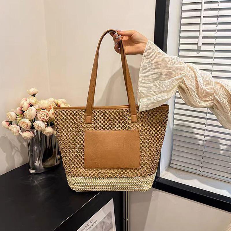 

Holiday Style Woven Bag Brand Light Luxury Summer Large Capacity Seaside Travel Contrast Color Casual Commuter Shoulder Handbag