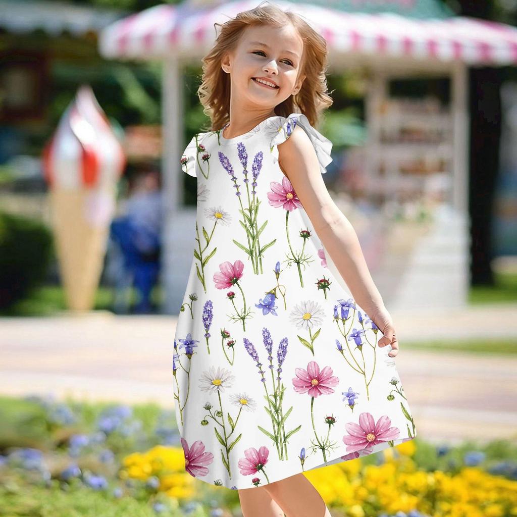 Children's Flying Sleeve Round Neck Summer A-Line Casual Holiday Floral Print Loose Dress