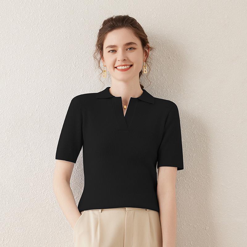 Women's Polo Collar Cashmere Sweater - Slim Fit, Short, Five-Sleeve, Gentle Style for Spring & Autumn.
