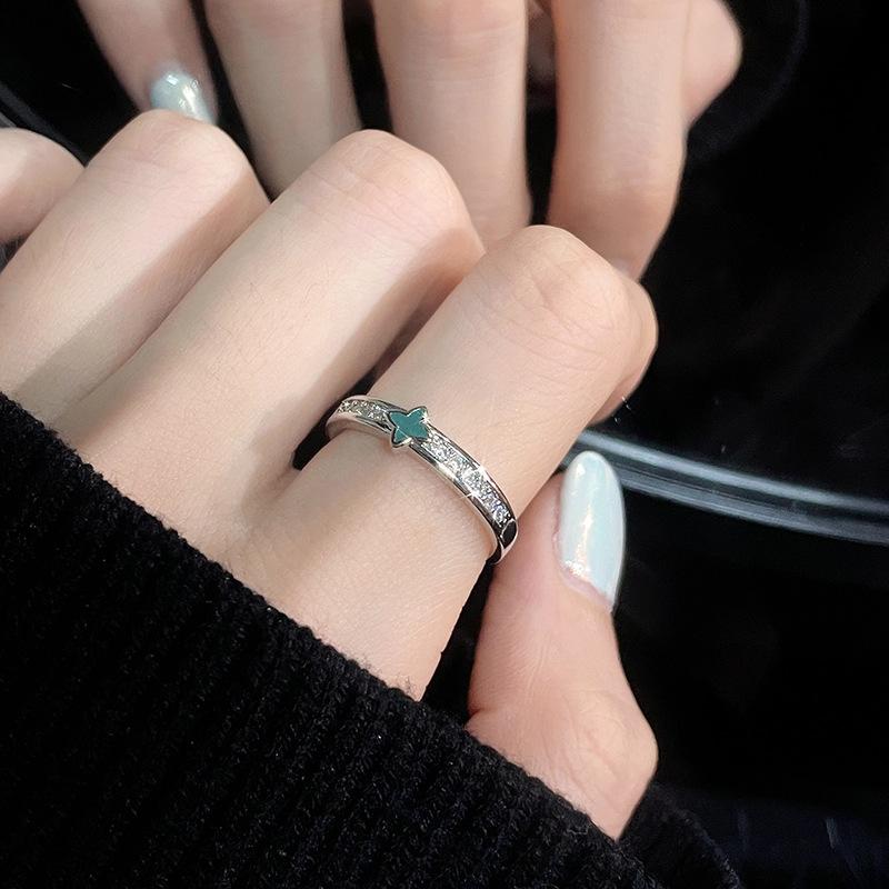 Темперамент Превосходное Чувство Алмазная Циркониевая Четырехлистная Клевер Открытое Кольцо Счастливый Цветок Любовь Мода Капельное Масло Кольцо Adjustable opening