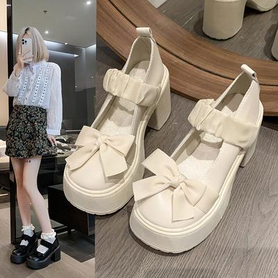 Mary Jane Shoes Women's Autumn and Winter 2024 New Thick-soled Muffin Bottom Thick Heel Small Leather Shoes Bow Single Shoes High Heels