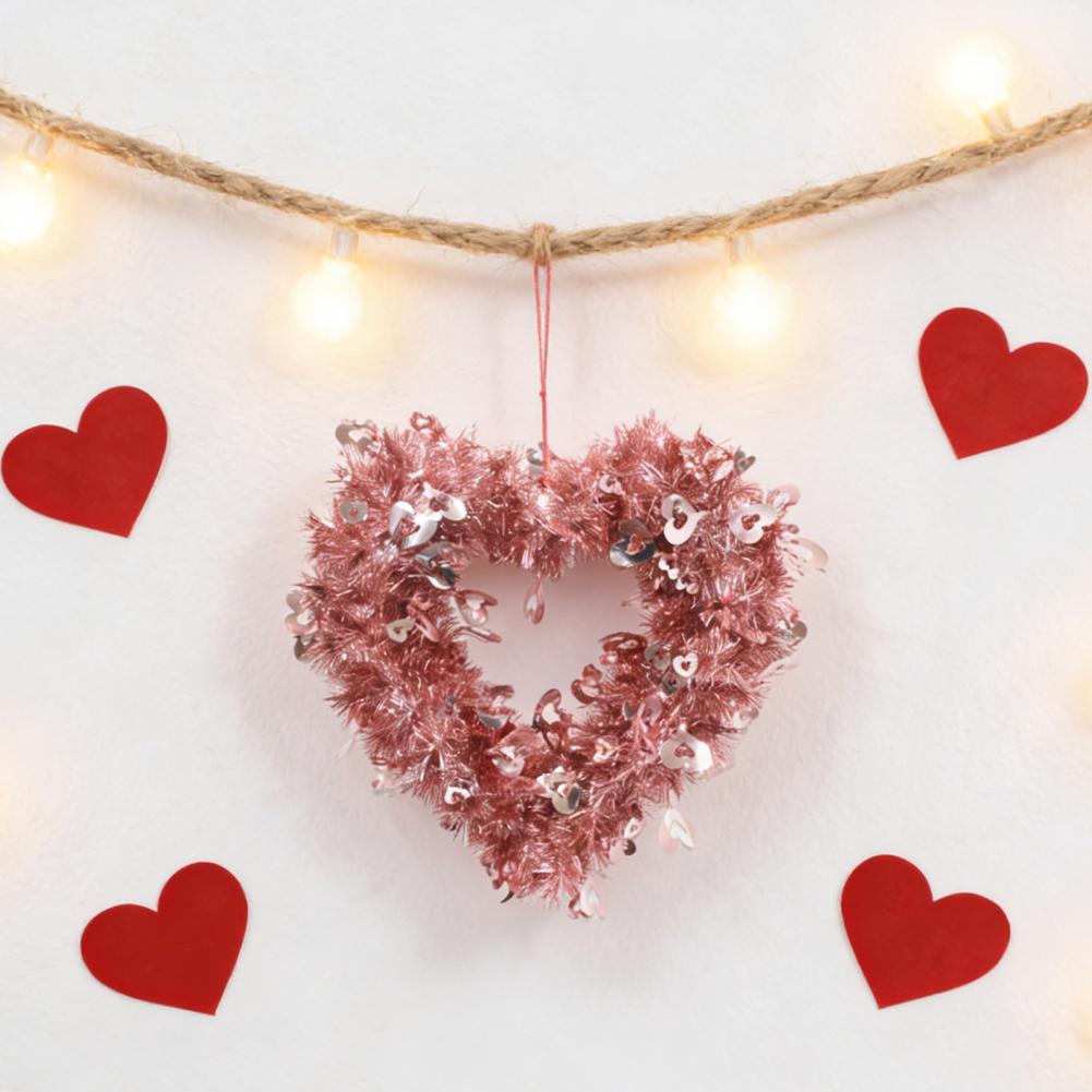 Valentine's Day Christmas Heart Shaped Wreath with Bow Pink Tinsel Door Decor Wedding Party Anniversary Wall Hanging