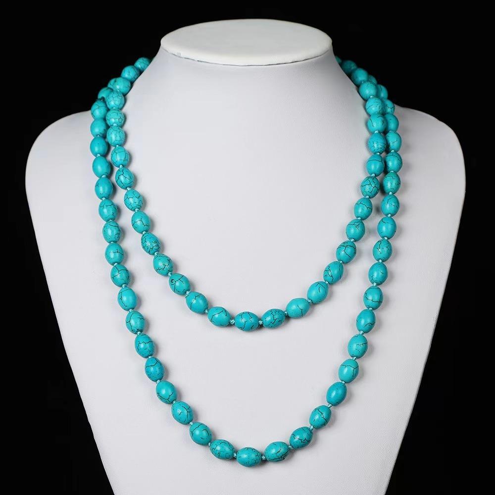 Original Ethnic Longline Necklace, Handmade Turquoise and Rice Bead Jewelry with Folk Style Artisan Design for Unique Statement