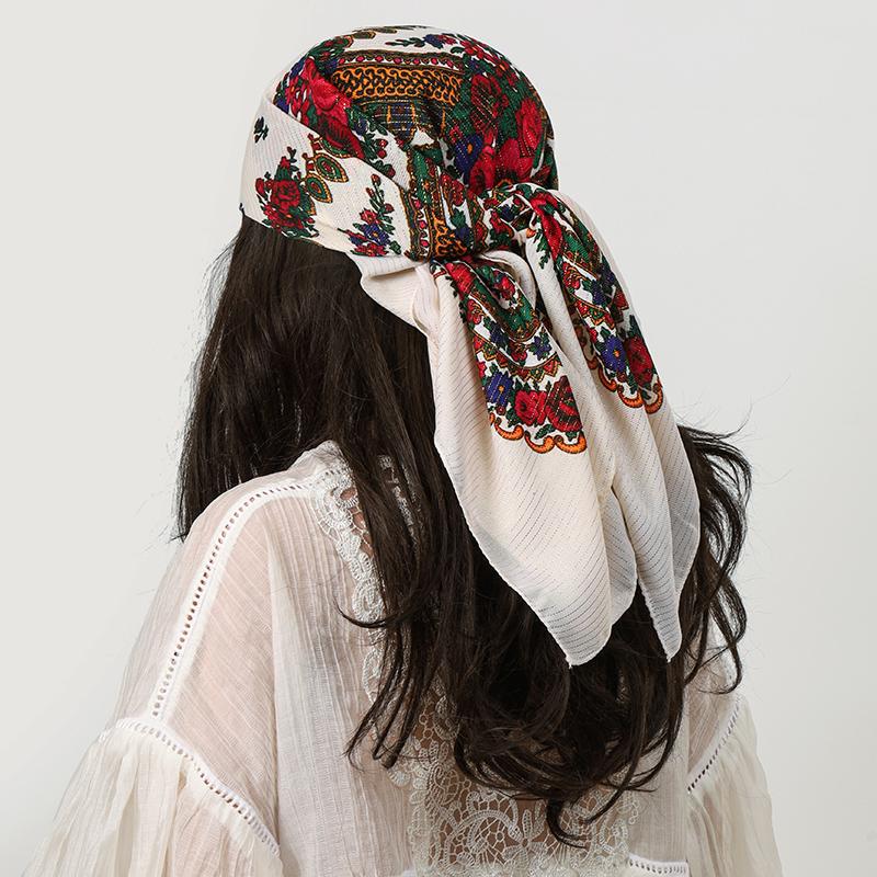 80*80Cm Square Fashion Scarf Women Floral Print Cotton Bandanas Lady Scarves Headband Accessories Handkerchief Shining Hijab