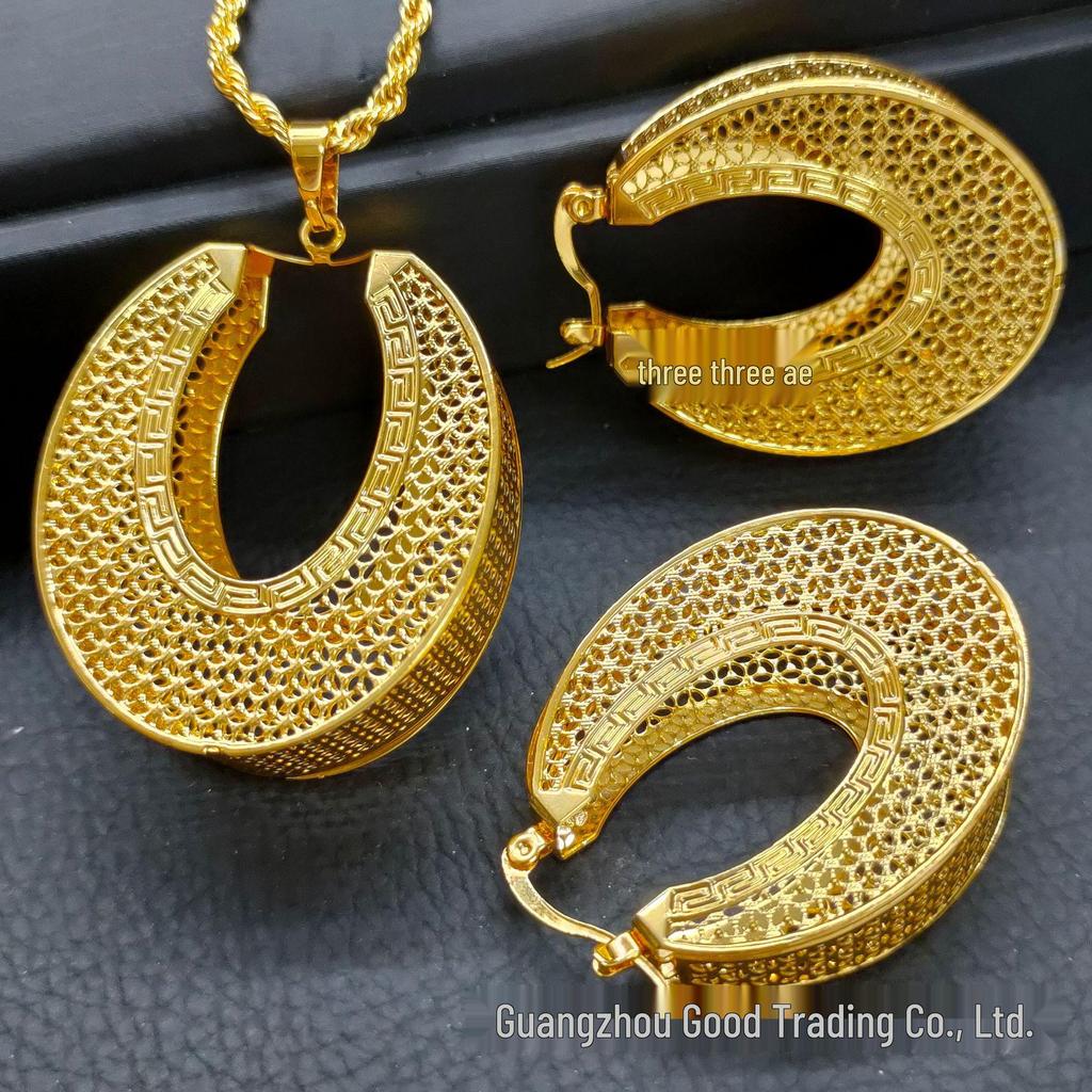 24k Gold Three-Piece Jewelry Set: Pendant, Earrings & Necklace Inspired by Indian, Indonesian, Middle Eastern & Dubai Designs