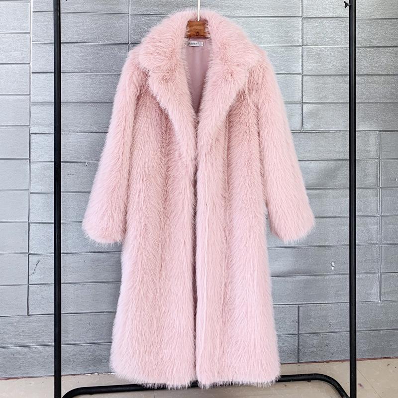 European & American Women's Winter Faux Fur Long Coat with Suit Collar