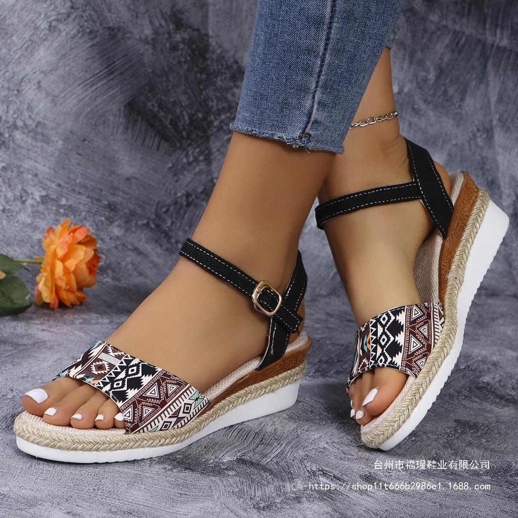 Roman color matching wedge heel large size fashion round head thick bottom open toe women's one-word buckle new wish2025