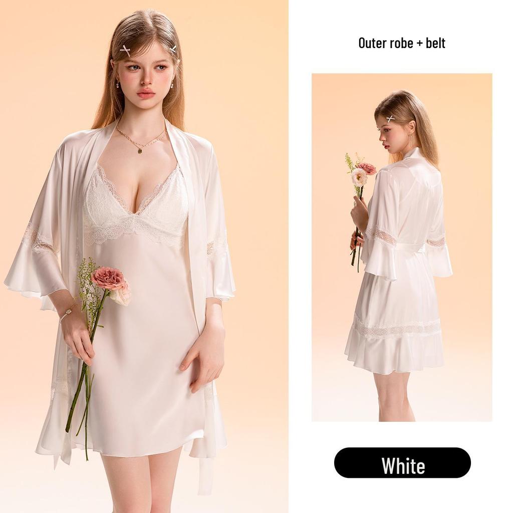 Stunning Satin Lace Backless Tie-Waist Camisole Nightgown Robe with Padding