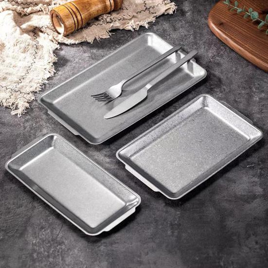 Vintage Stainless Steel Rectangular Tray Retro Industrial BBQ Platter with Double Handles Large Heavy Duty Serving Dish for Home