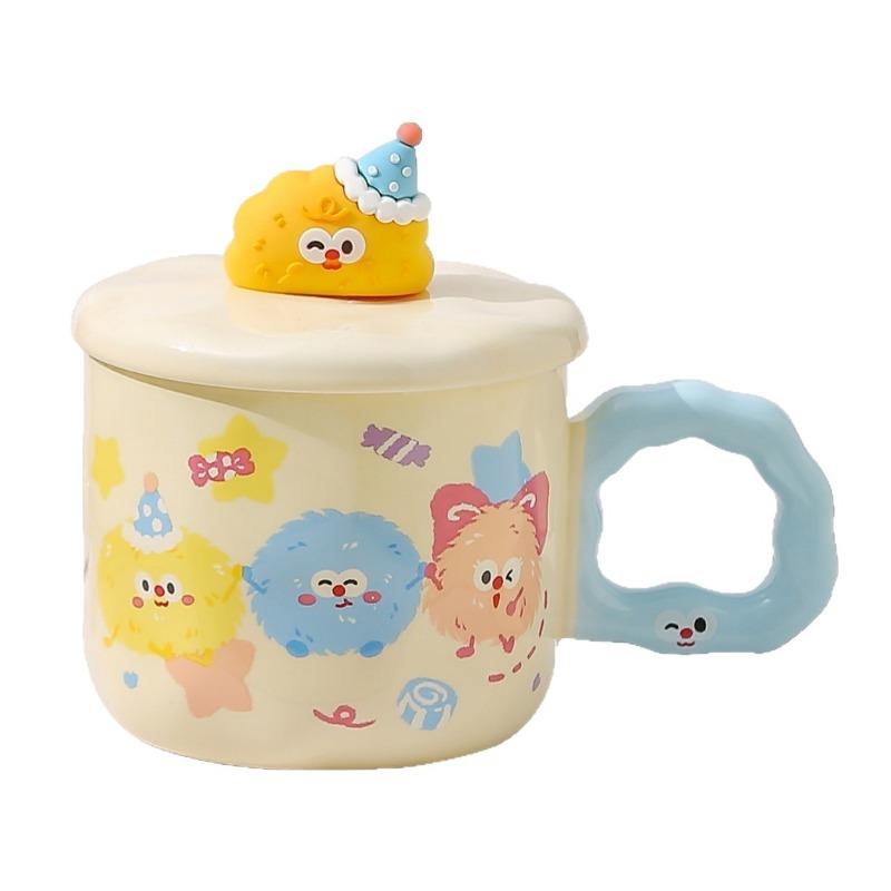 High Appearance Mug with Lid Spoon, Cute Ceramic Water Cup, Cartoon Small Coal Ball Couple Water Cup Gift, Breakfast Cup