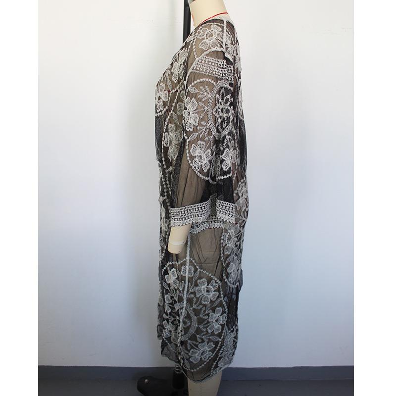 Women's Summer Lace Embroidery Long Cardigan See Through Bikini Outer Beach Cover-ups