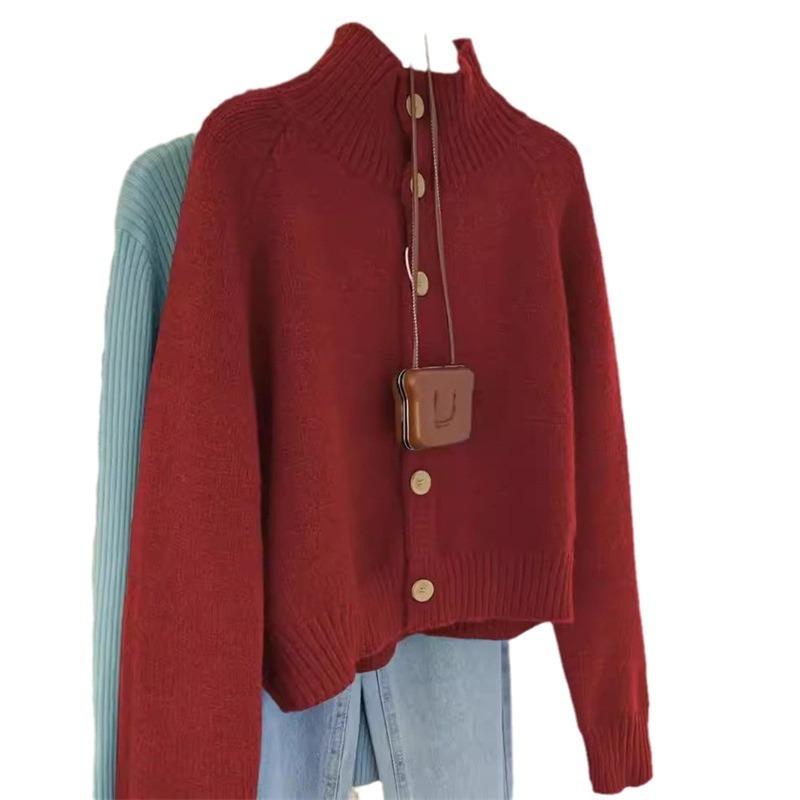 Autumn and Winter New Retro Soft Waxy Knitted Cardigan Top Women's High Neck Loose Lazy Style Solid Color Sweater Jacket