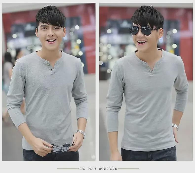 Herren-T-Shirt aus Baumwolle im koreanischen Stil mit V-Ausschnitt und langen Ärmeln und schmaler Passform