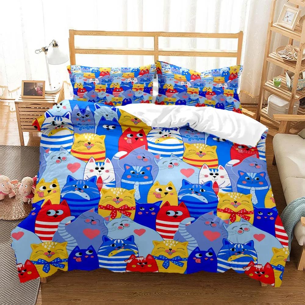 Cute Cat Print Quilt Cover Pillow Cover Bedding Set Luxury Queen Bedding Set Cute Style Customized Boys Bedding Set