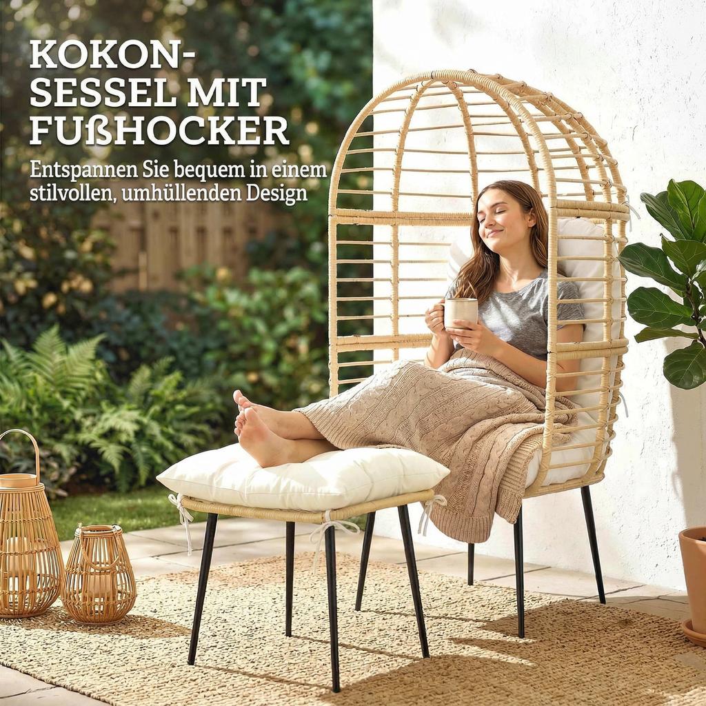 Garden Chair With Ottoman PE Rattan Egg Shape Basket Chair With Long And Thick Cushions Metal Frame Beige