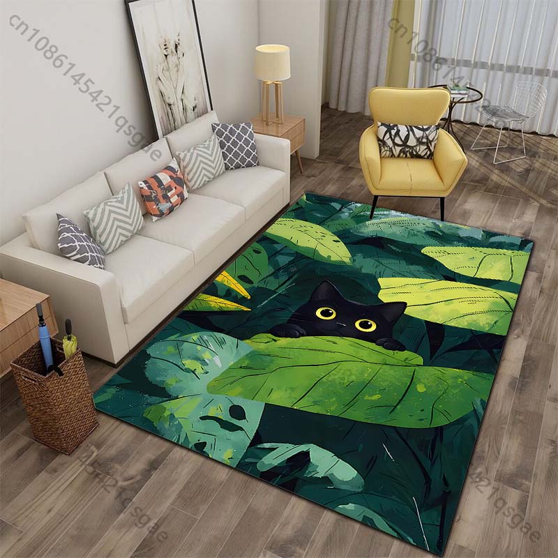

Multiple sizes Black cat peeking amid jungle leaves Print Carpet for Living Room Bedroom Sofa Home Decor Non-slip Mat Gift 40x60cm