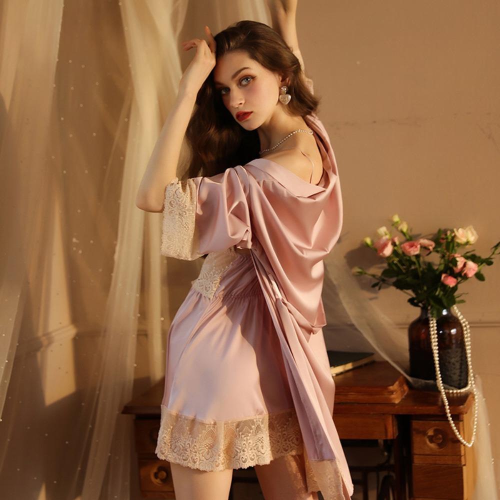 Private Sexy Pajamas, Women's Long-sleeved Satin Lace Lace-up Nightgown and Robe