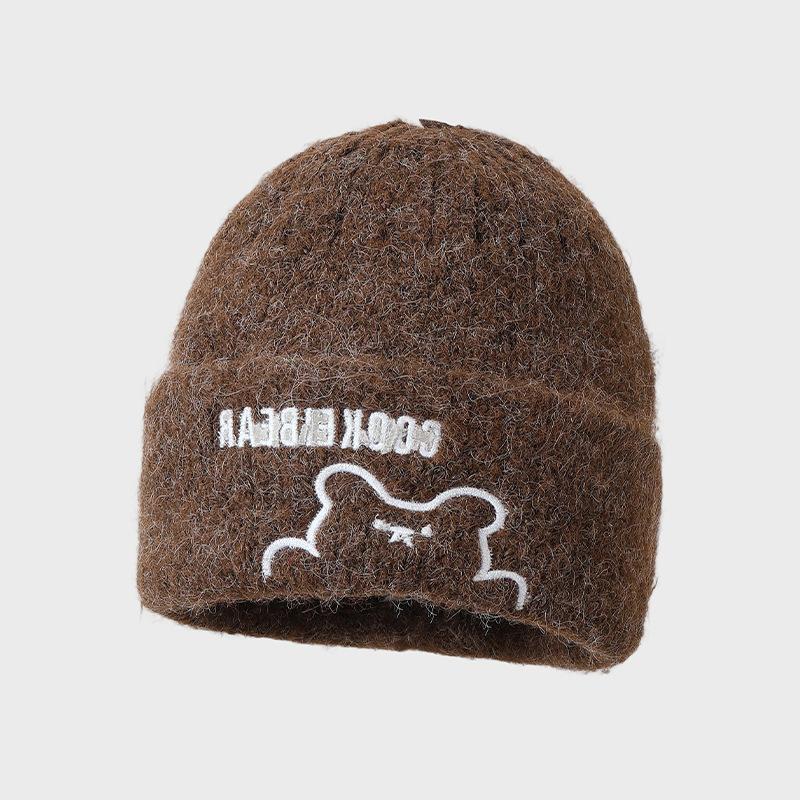 Winter Versatile Hat Female Cute Bear Knitted Hat Thickened Windproof Wool Hat Fashionable Warm Bald Hat