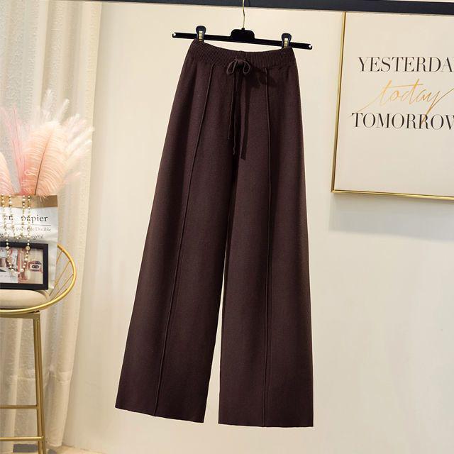Women's Off-White Tie-Waist Knitted Wool Pants - High Waist, Wide Leg, Floor-Length, Autumn/Winter Style