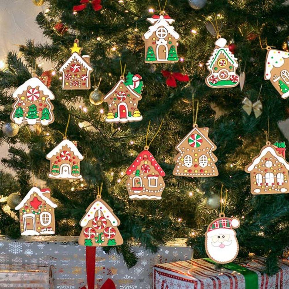 8/16Pcs Mixed Pattern Christmas Gingerbread House Pendant Candy Color with Hanging Chain Cottage Hanging Ornaments PVC DIY