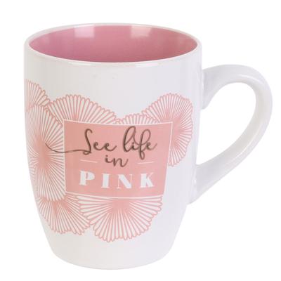 [R0316] - Ceramic Mug 'Ginkgo Biloba' Pink White - 10x8 Cm (30 Cl)
