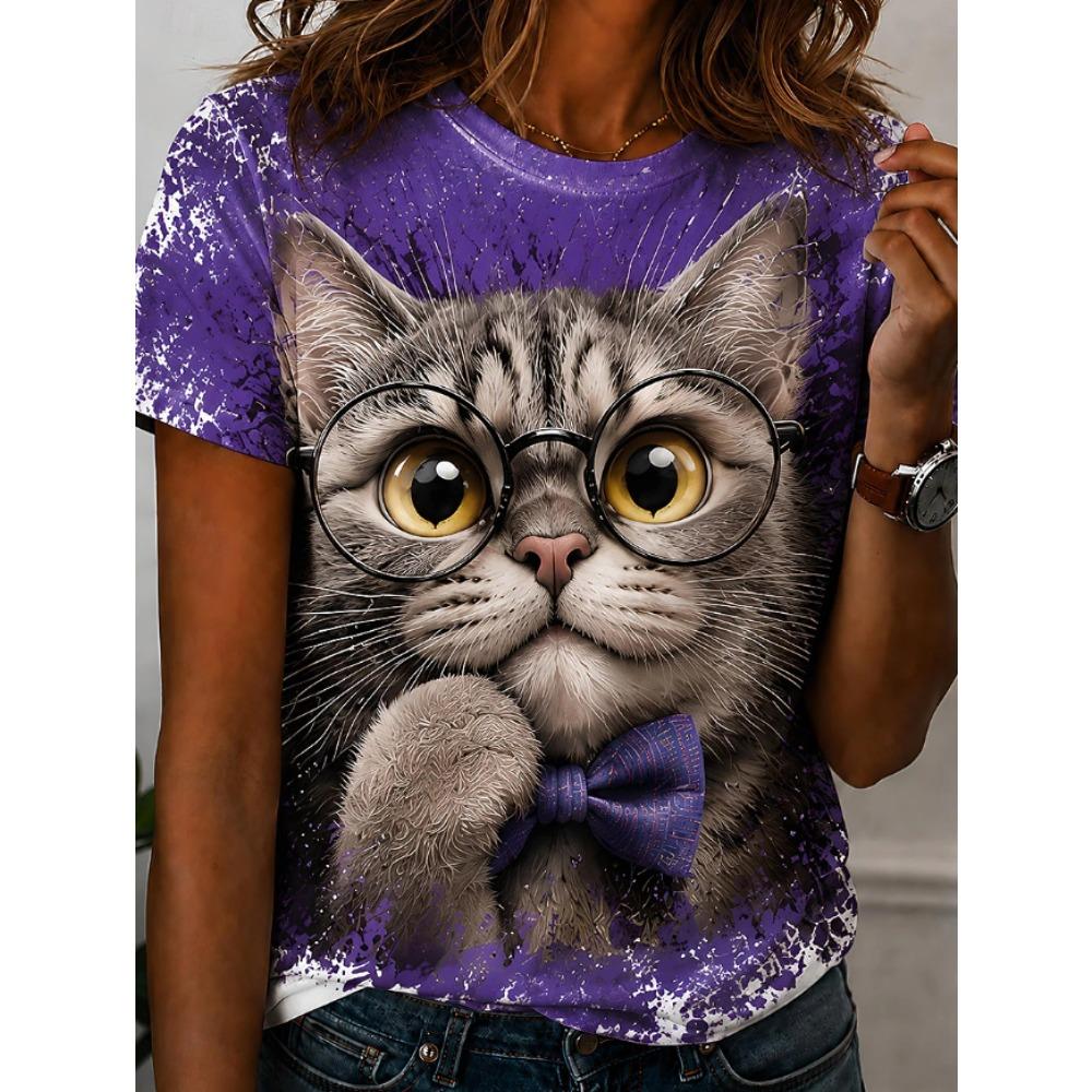 Fashion Women Retro Creative Cat Pattern Print T Shirt Funny Casual O-neck Short Sleeves T-shirt Summer Female Tee Shirt
